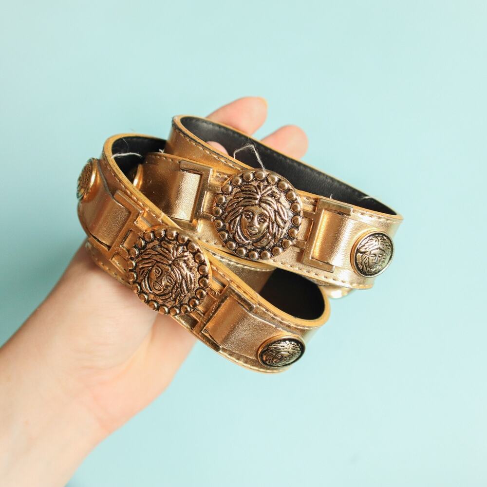 Vintage 90s Gold Faux Leather Gold Metal Head Whimsical Decorative Belt One Size